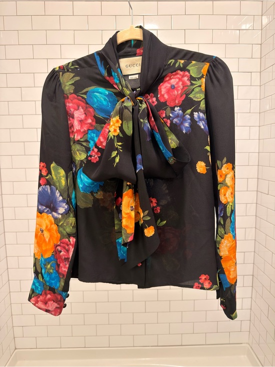 Gucci Tops - Gucci Black Silk Floral Tie-Neck Blouse with Bright Multicolor Blooms